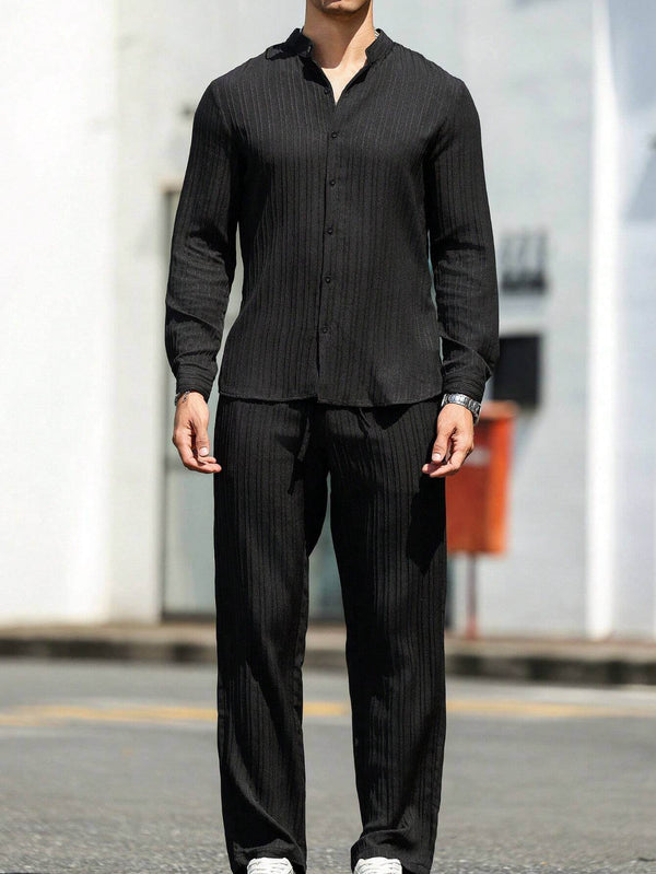 Men's Black Buttoned Half Placket Long Sleeve Shirt With Long Pant Two-Piece Set