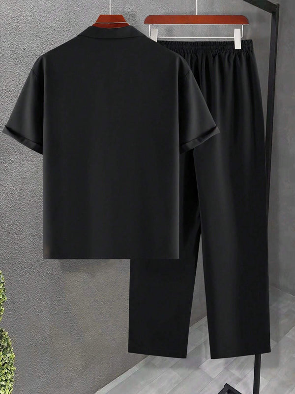 Men's Black Solid Color Lapel Neck Short Sleeve Shirt & Pants Set