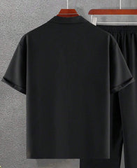 Men's Black Solid Color Lapel Neck Short Sleeve Shirt – Roar Fox