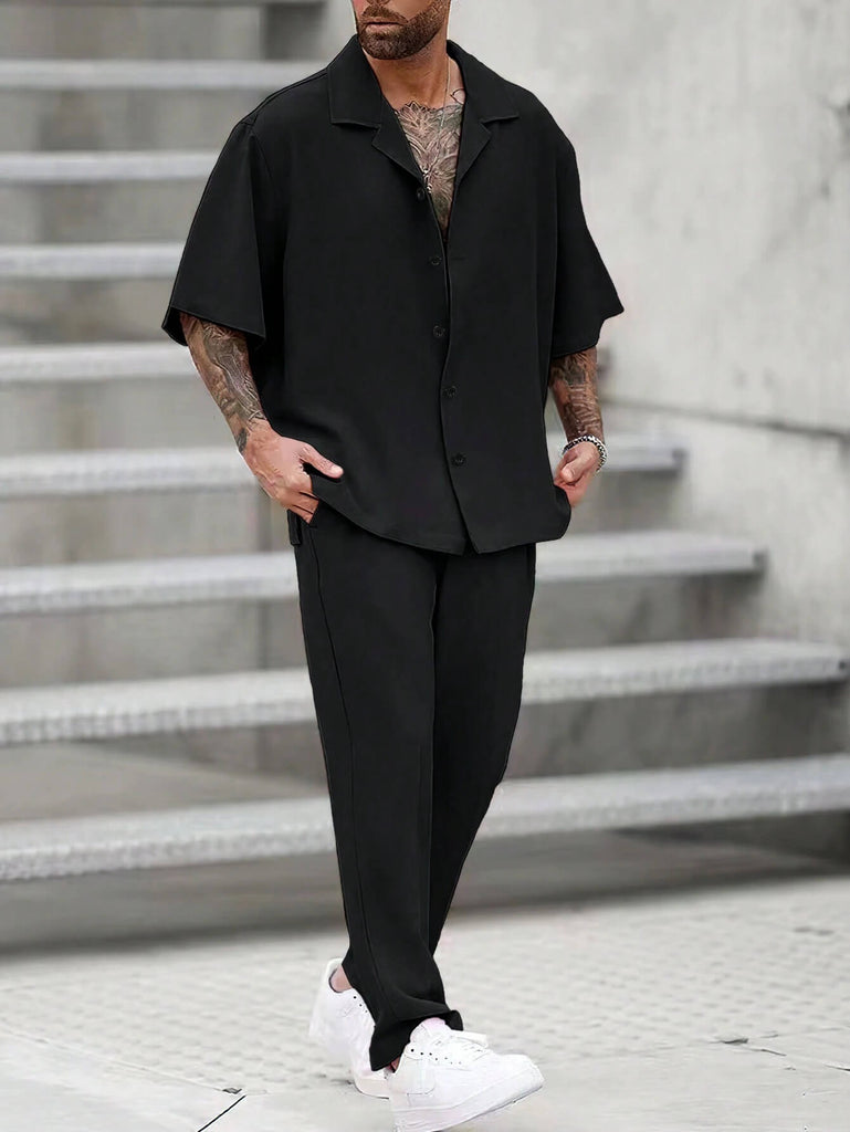 Men's Black Solid Color Lapel Neck Short Sleeve Shirt & Pants Set