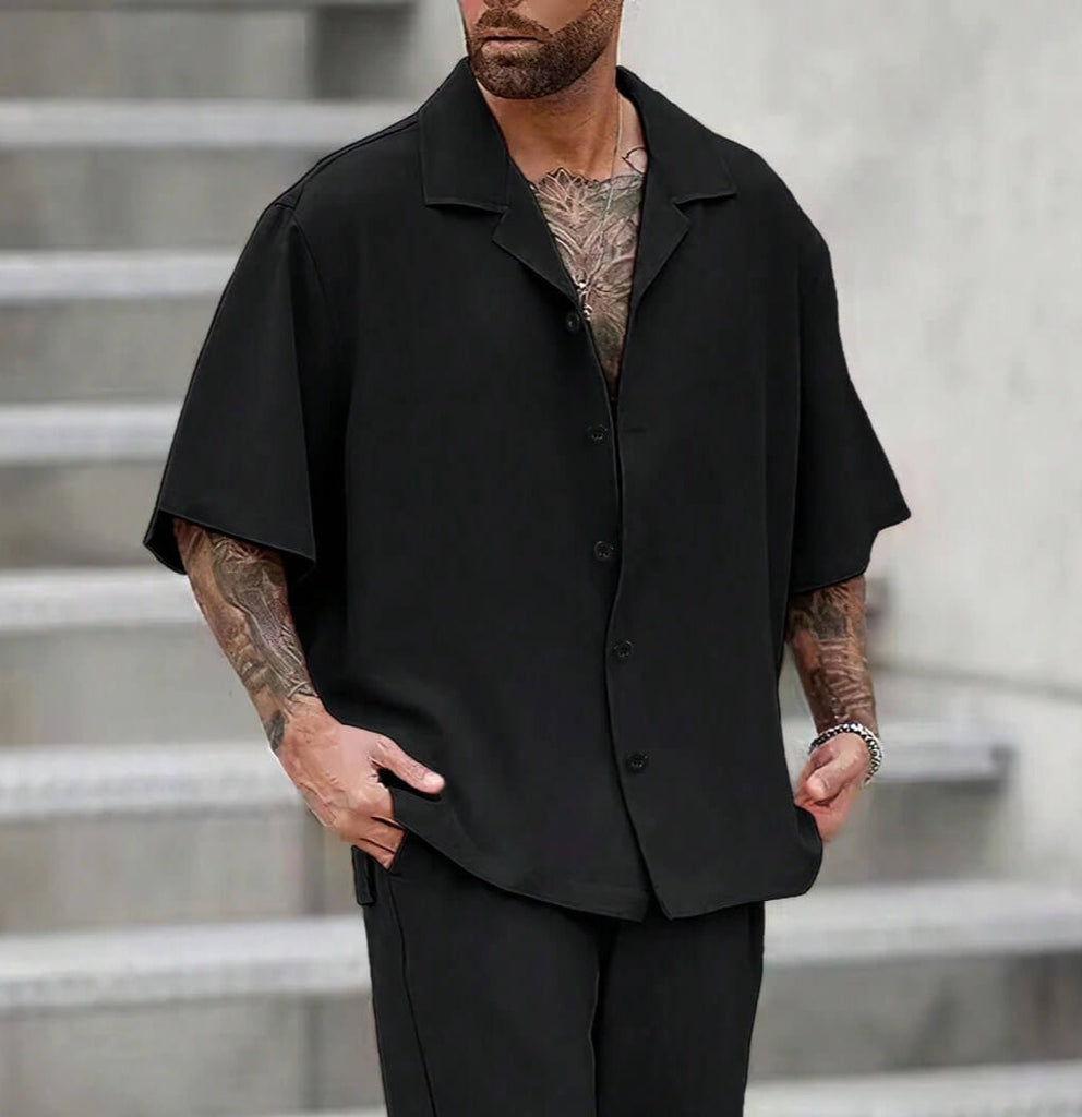Men's Black Solid Color Lapel Neck Short Sleeve Shirt Roar Fox Men's Black Solid Color Lapel Neck Short Sleeve Shirt Roar Fox