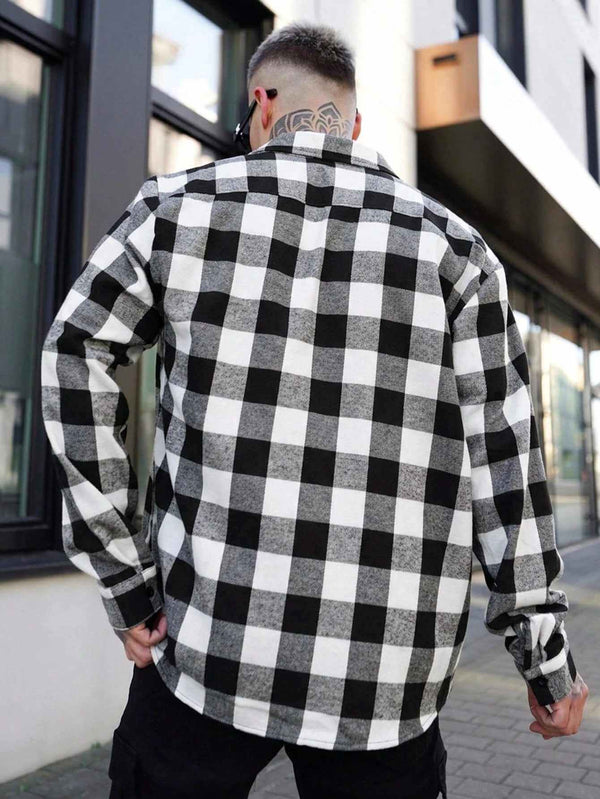 Men's Black & White Buffalo Check Long Sleeve Shirt 