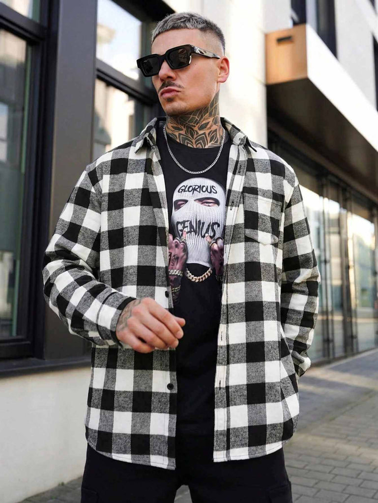 Men's Black & White Buffalo Check Long Sleeve Shirt 