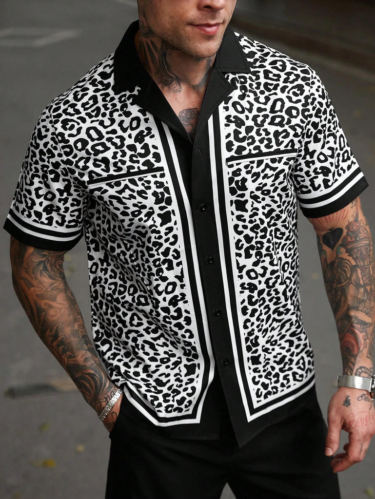 Men's Black & White Contrast Trim Leopard Print Shirt