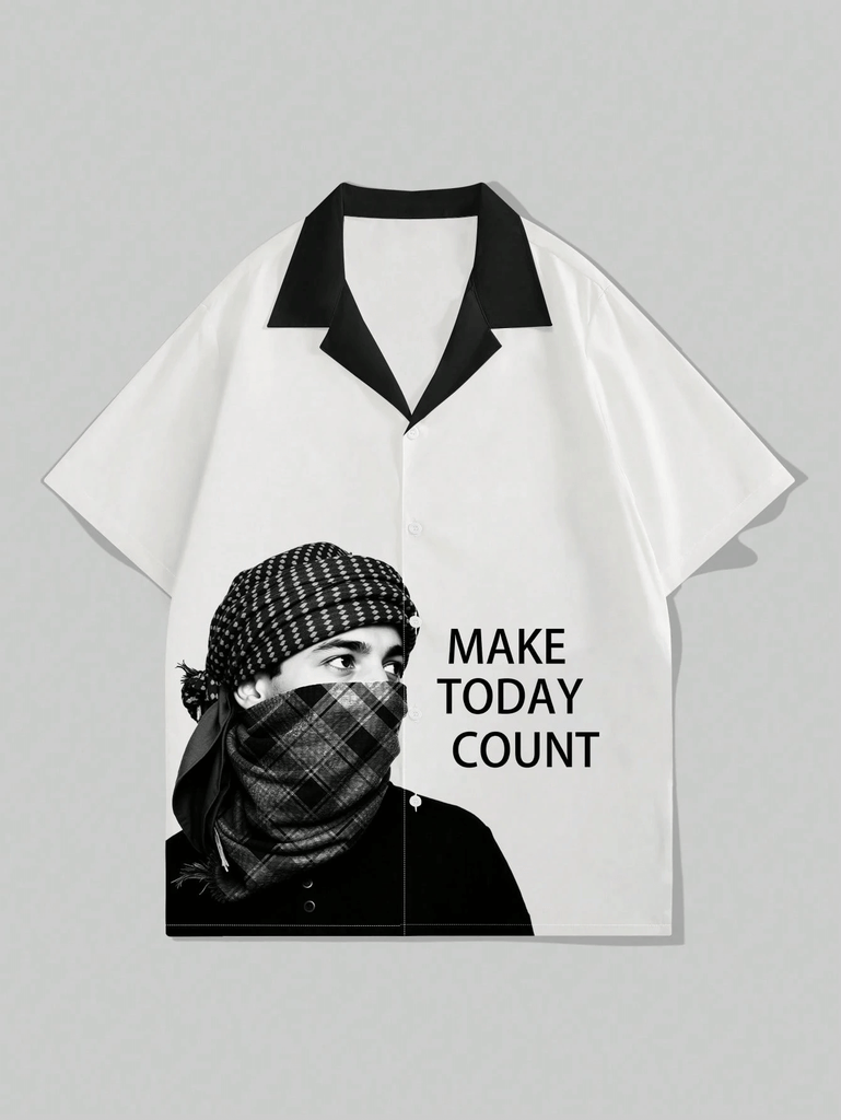 Men's Casual Contrast Color Collar Personalized Letter Printing Short Sleeve Shirt