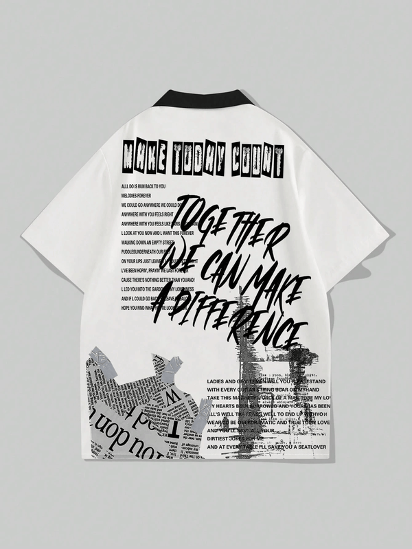 Men's Casual Contrast Color Collar Personalized Letter Printing Short Sleeve Shirt