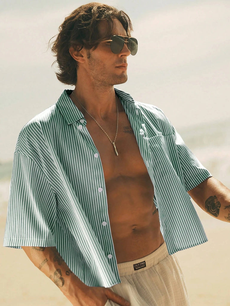 Men's Casual Cotton Striped Summer Wear Short Sleeve Shirt