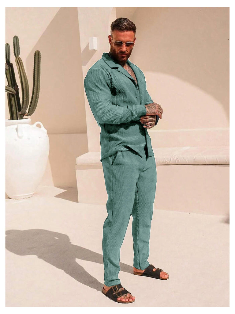 Men's Casual Fashion Aquamarine Autumn and Winter Long Sleeve Shirt & Pants Set