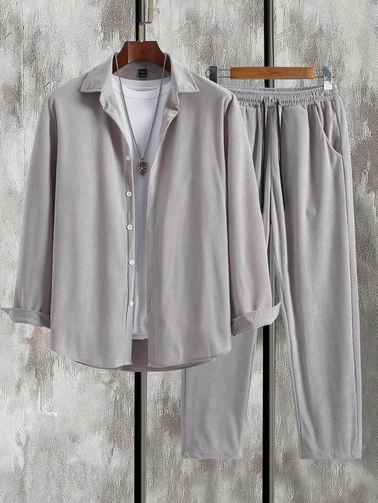 Men's Casual Fashion Light Grey Autumn and Winter Long Sleeve Shirt & Pants Set