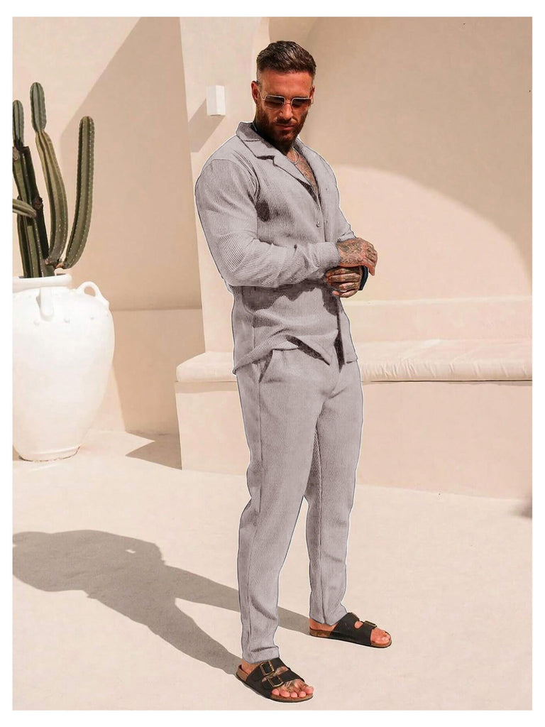 Men's Casual Fashion Light Grey Autumn and Winter Long Sleeve Shirt & Pants Set