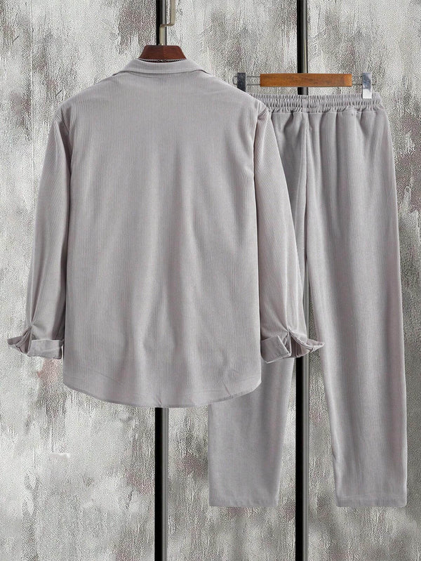 Men's Casual Fashion Light Grey Autumn and Winter Long Sleeve Shirt & Pants Set