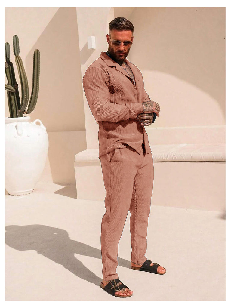 Men's Casual Fashion Peach Autumn and Winter Long Sleeve Shirt & Pants Set