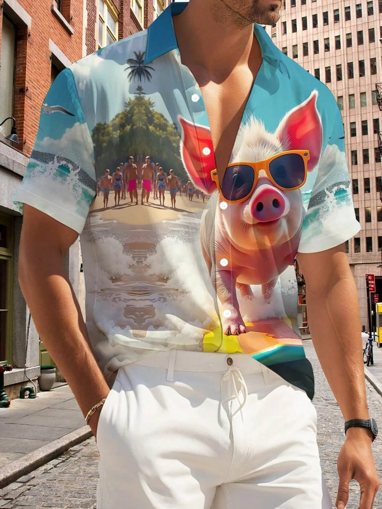 Men's Casual Shark Pattern Print Short Sleeve Summer Shirt