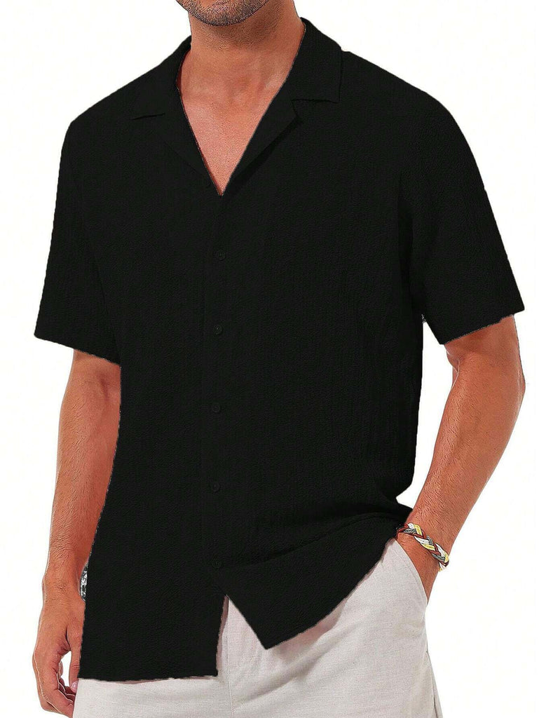 Men's Casual Solid Black Textured Short Sleeve Shirt