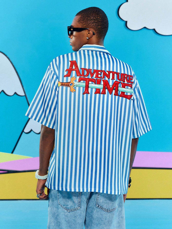 Men's Casual Striped Cartoon Pattern Button-Up Shirt