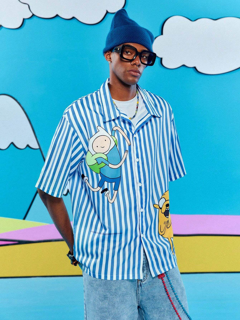 Men's Casual Striped Cartoon Pattern Button-Up Shirt