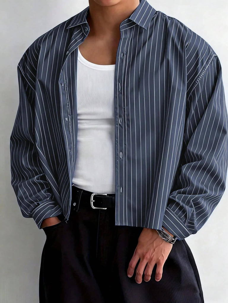 Men's Charcoal Grey Pinstripe Long Sleeve Shirt 