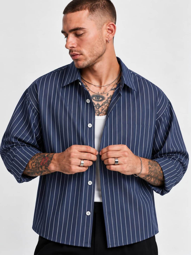 Men's Charcoal Grey Pinstripe Long Sleeve Shirt