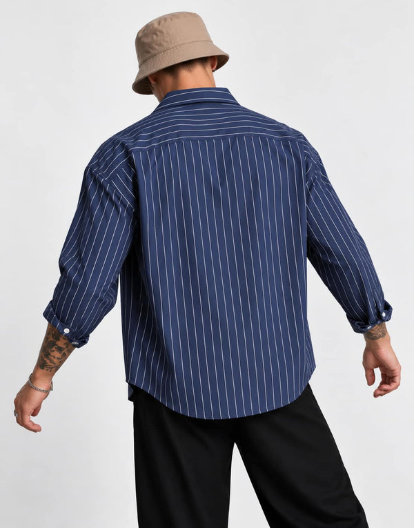 Men's Charcoal Grey Pinstripe Long Sleeve Shirt