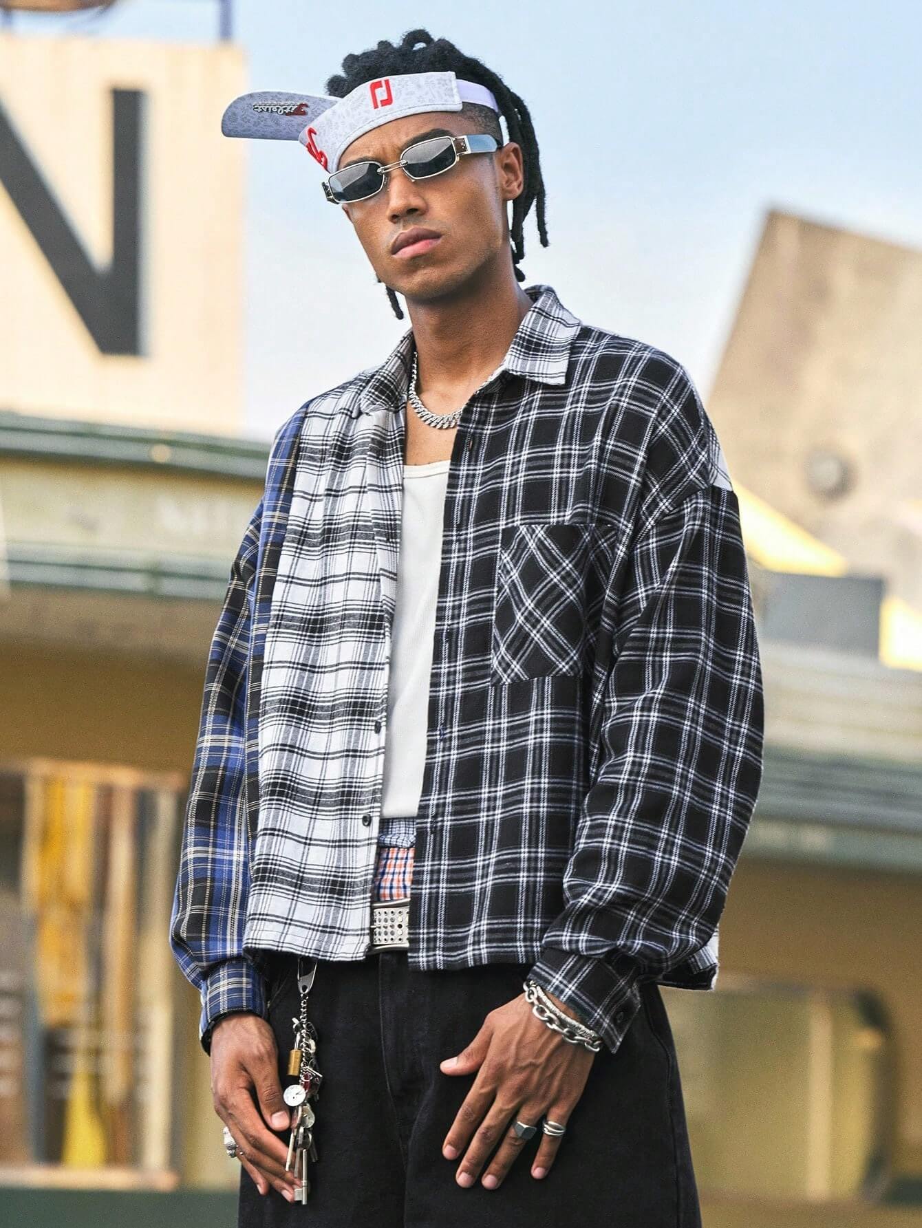 Men's Collared Long Sleeve Plaid Color Block Shirt – Roar Fox