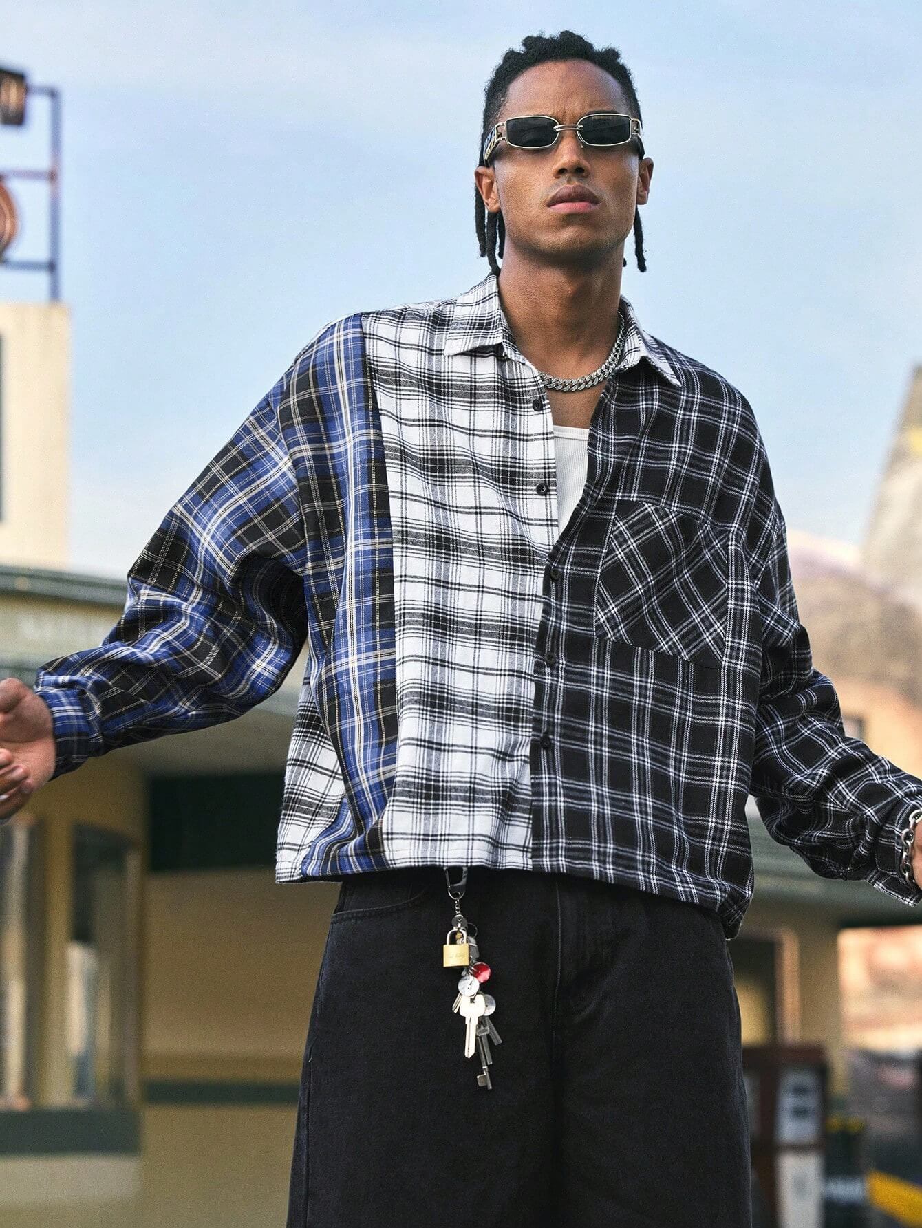 Men's Collared Long Sleeve Plaid Color Block Shirt – Roar Fox