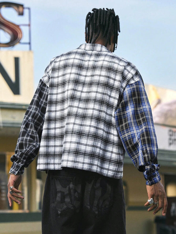 Men's Collared Long Sleeve Plaid Color Block Shirt