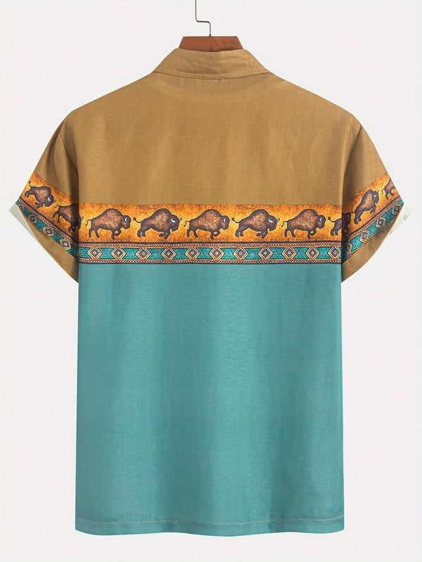 Men's Color Contrast Collared Print Design Retro Minimalist Style Outing And Commuting Shirt