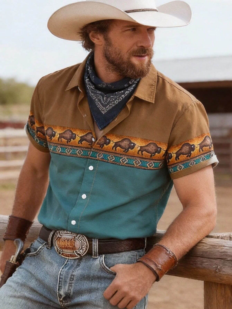 Men's Color Contrast Design Retro Minimalist Style Shirt
