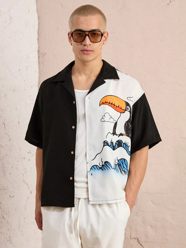 Men's Contrast Color Lapel Short Sleeve Shirt