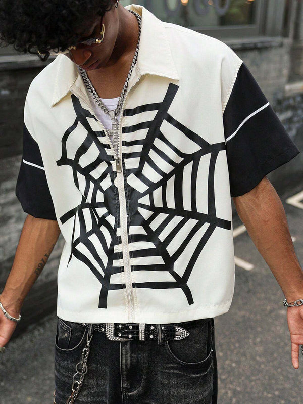 Men's Contrast Color Spider Web Print Short Sleeve Zipper Shirt