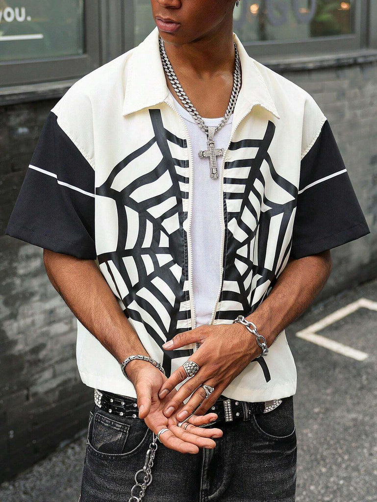Men's Contrast Color Spider Web Print Zipper Shirt – Roar Fox