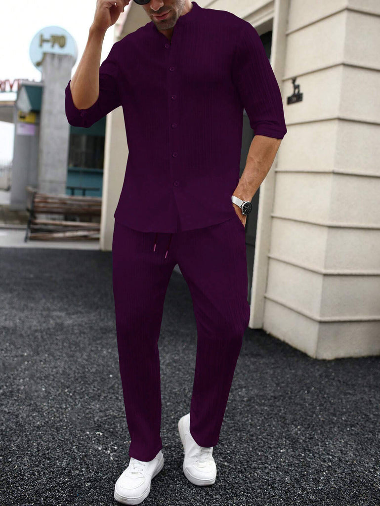 Men's Dark Berry Mid Sleeve Shirt and Drawstring Waist Pants Set