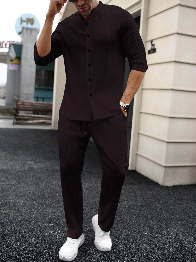 Men's Dark Brown Mid Sleeve Shirt and Drawstring Waist Pants Set