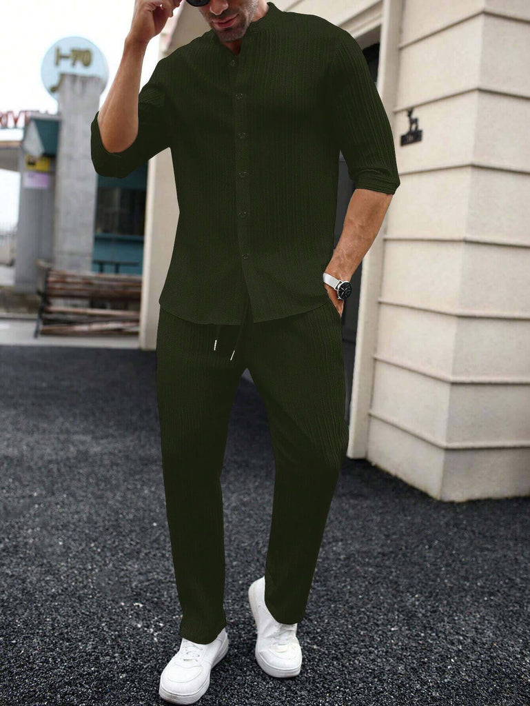 Men's Dark Green Mid Sleeve Casual Button-Up Shirt and Drawstring Waist Pants Set