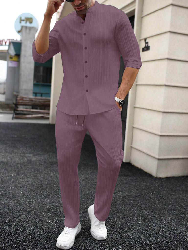 Men's Dark Pink Mid Sleeve Casual Button-Up Shirt and Drawstring Waist Pants Set