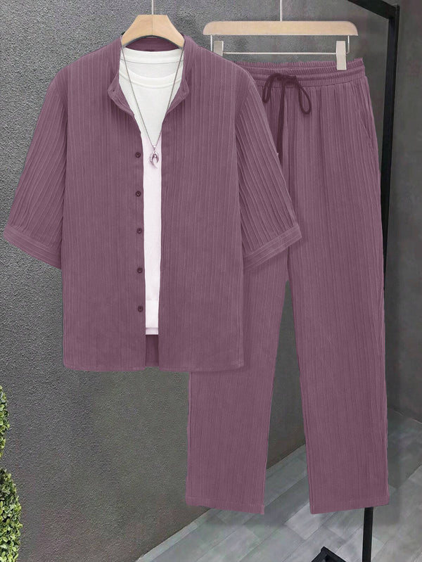 Men's Dark Pink Mid Sleeve Casual Button-Up Shirt and Drawstring Waist Pants Set