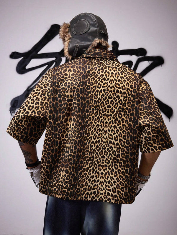 Men's Yellow Fashionable Leopard Print Front Zipper Shirt, Streetwear Style