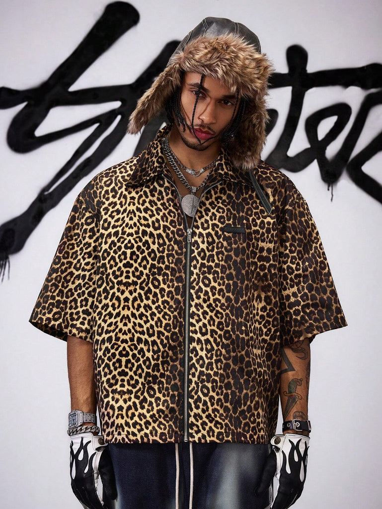 Men's Yellow Fashionable Leopard Print Front Zipper Shirt, Streetwear Style