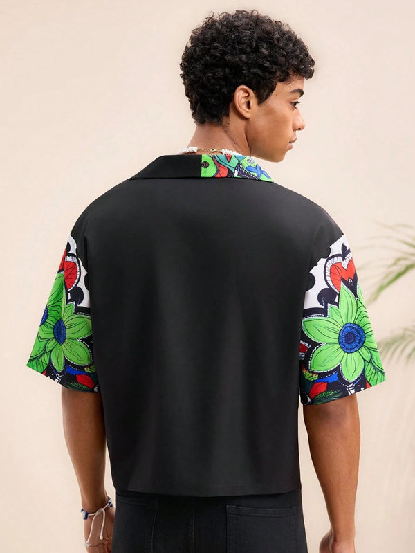 Men's Fshion 3D Digital Floral Print Casual Cuban Collar Short Sleeve Shirt 