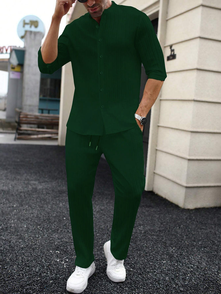 Men's Green Mid Sleeve Shirt and Drawstring Waist Pants Set