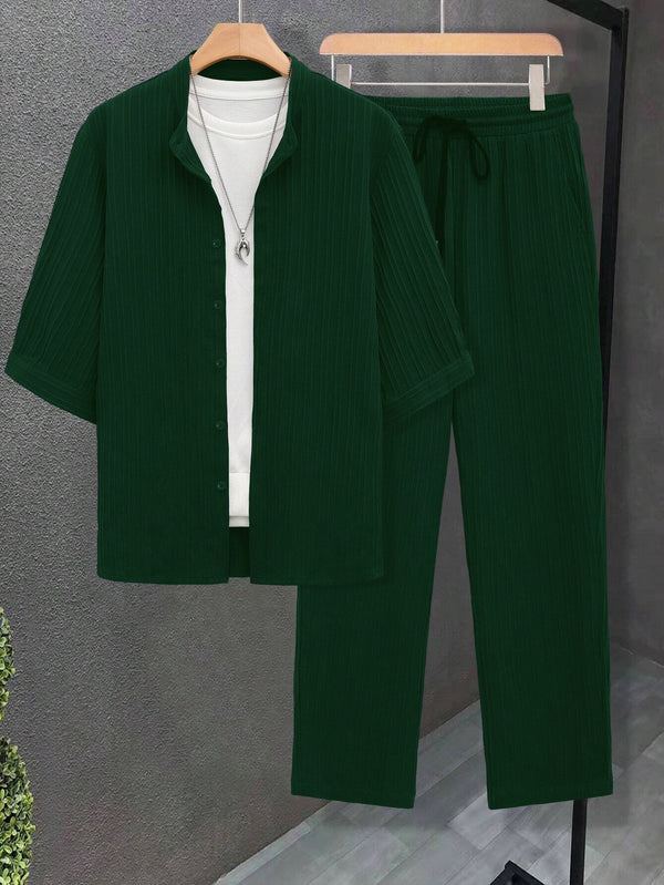 Men's Green Mid Sleeve Shirt and Drawstring Waist Pants Set