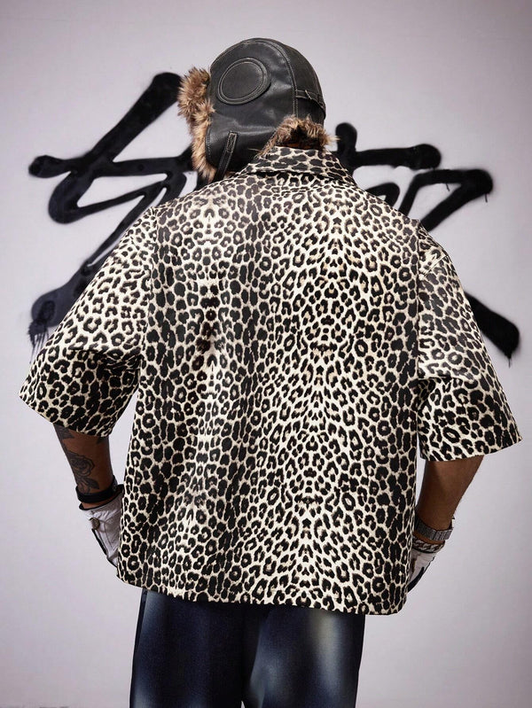 Men's Leopard Print Short Sleeve Zip Front Casual Loose Shirt