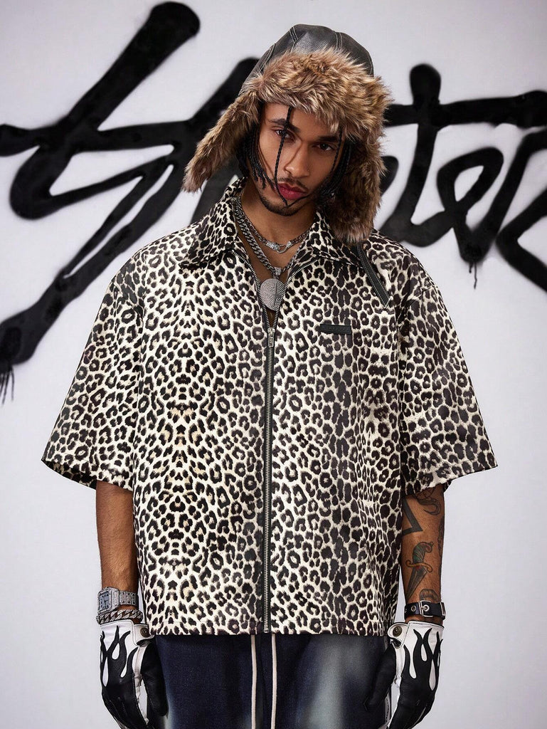 Men's Leopard Print Short Sleeve Zip Front Casual Loose Shirt