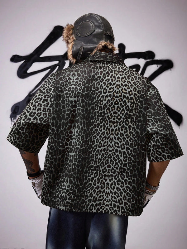 Men's Grey Leopard Print Zip Placket Short Sleeve Casual Shirt, Streetwear Edition