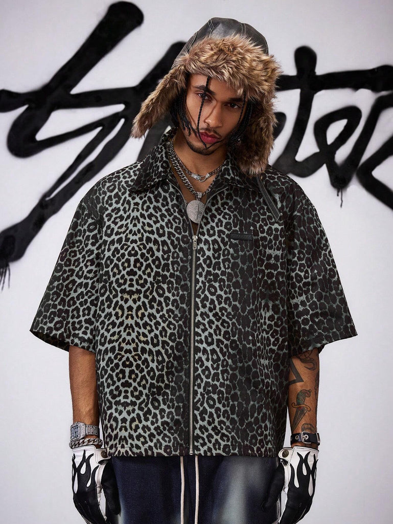 Men's Grey Leopard Print Zip Placket Short Sleeve Casual Shirt, Streetwear Edition