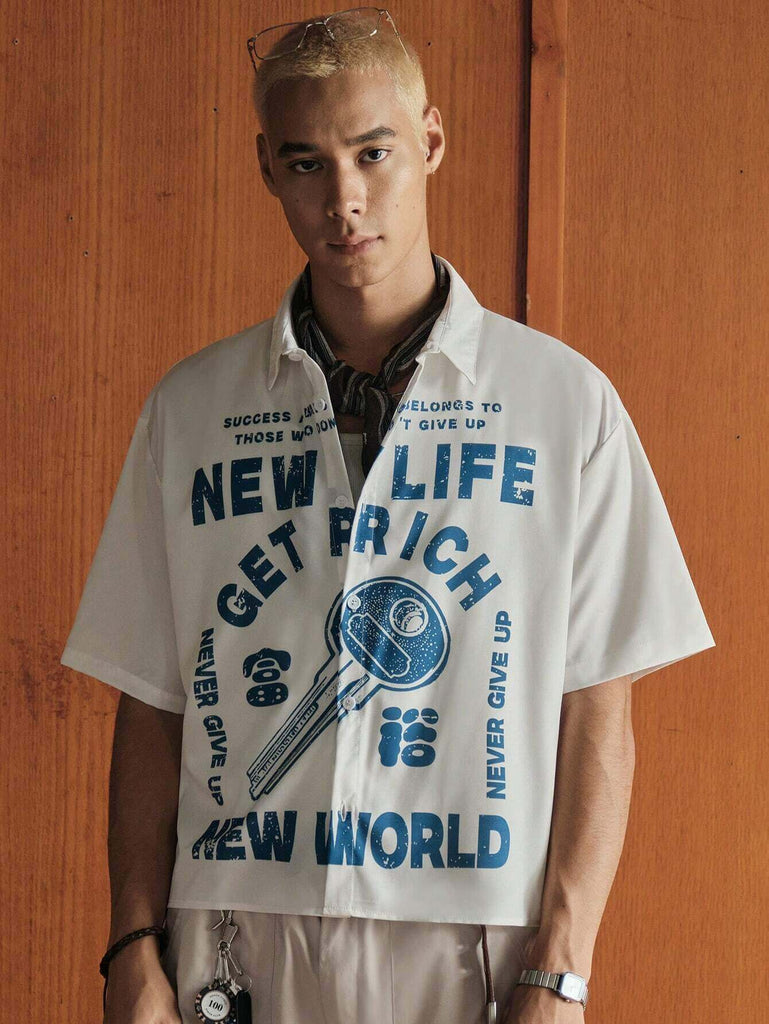 Men's Letter Print Short Sleeve Single-Breasted
