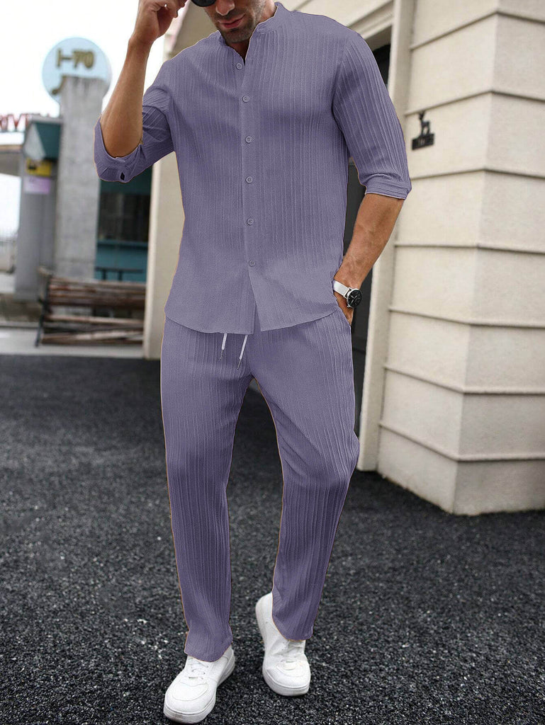 Men's Light Purple Mid Sleeve Shirt and Drawstring Waist Pants Set