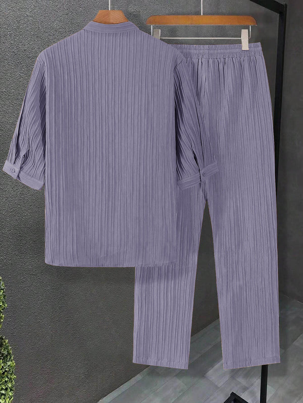 Men's Light Purple Mid Sleeve Shirt and Drawstring Waist Pants Set