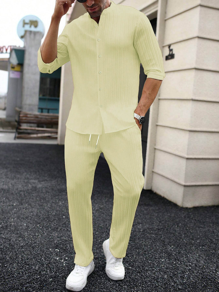 Men's Light Yellow Mid Sleeve Shirt and Drawstring Waist Pants Set