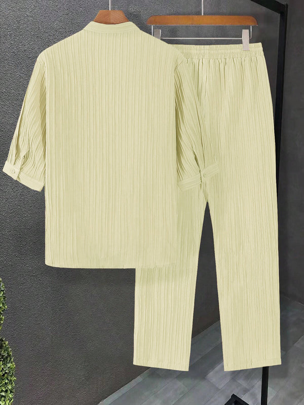 Men's Light Yellow Mid Sleeve Shirt and Drawstring Waist Pants Set